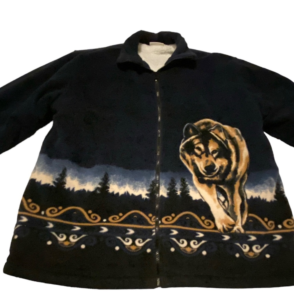 Wolf Scene Graphic Design Fleece Jacket Size Large